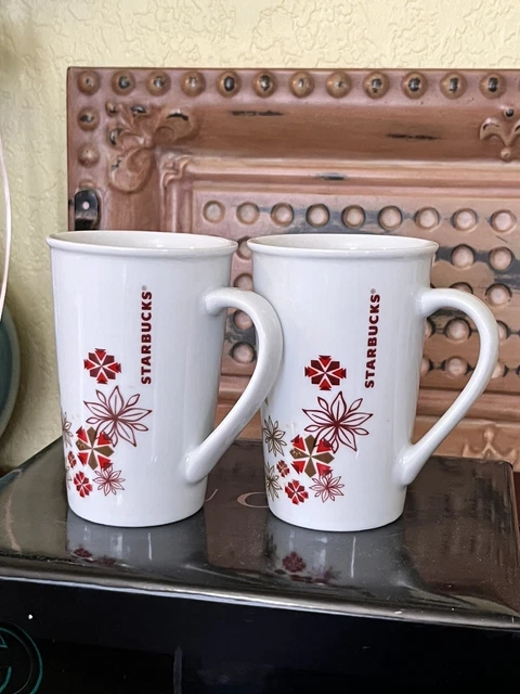 Starbucks Set of 2 Mugs Winter Christmas Holiday Snowflake white red gold 12oz