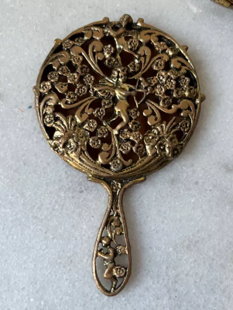 Vtg Hollywood Regency Small Ornate Gold Tone Purse Hand Mirror Romantic Cupids