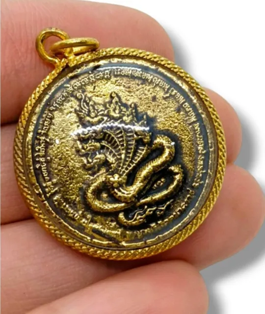 Amulet Naga King Calls Wealth Golden Lead Gold Plated Frame Thai Buddha Pendant