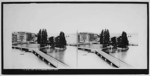 Switzerland glass stereoview-Geneva and Ile J.-J. Rousseau