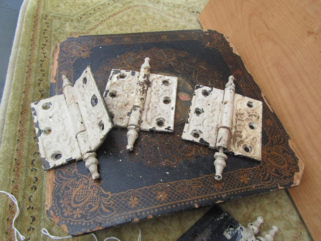 Victorian Ornate Door  Hinges 3x Set  3 1/2 x 3 1/2 Working  Painted White