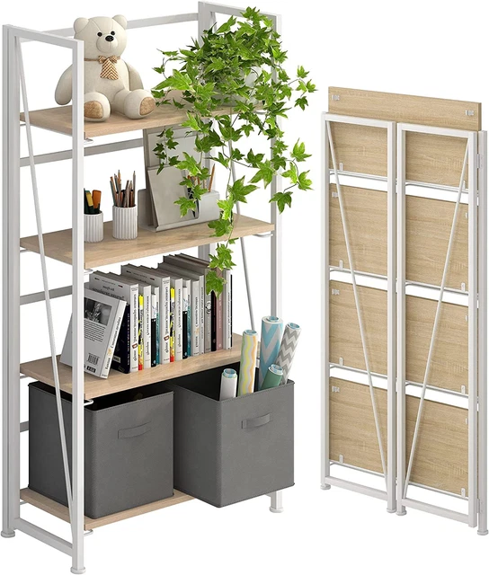 NOASSEMBLY FOLDING BOOKSHELF Storage Shelves 4 Tiers Vintage Bookcase