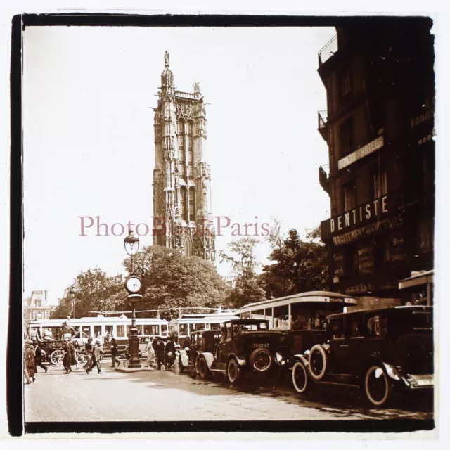 PARIS Tour Saint-Jacques FRANCE c1930 Photo Plaque de verre Stereo Vintage
