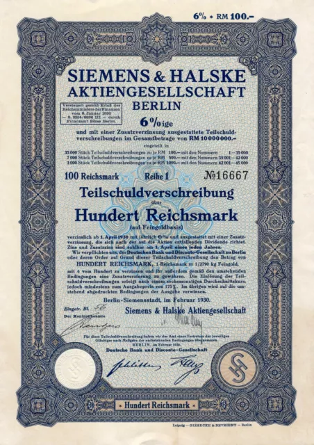 Siemens & Halske AG, Berlin-Siemensstadt 6% Teilschuldv. 1930 (100 RM) ungelocht