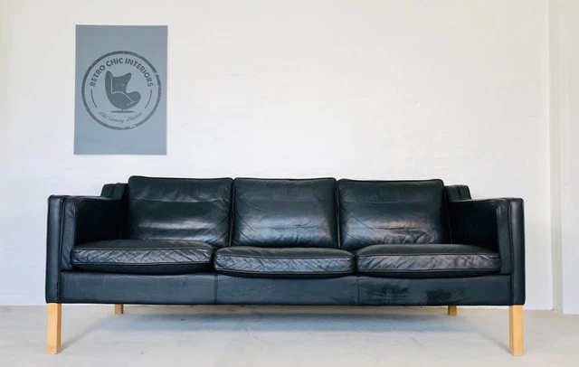 Vintage Danish Mid Century Stouby 3 Person  Black Leather Sofa