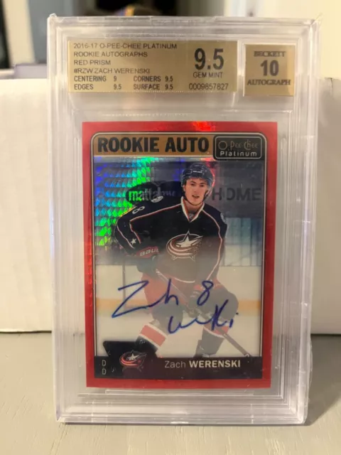 2016-17 o-pee-chee platinum Zach Werenski rookie auto Red Prism #/50 BGS 9.5