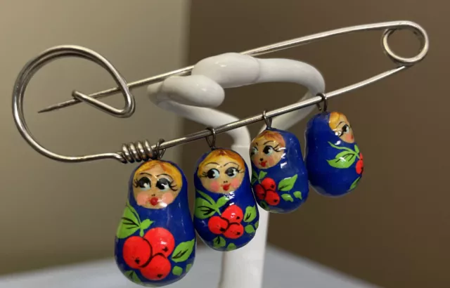Russian 60s Matryoshka Nesting Doll Wood Hand Painted Dangle Pin