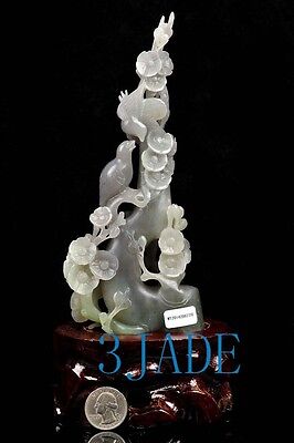 Natural Hetian Nephrite Jade Bird Flower Statue Carving Sculpture w/ Certificate