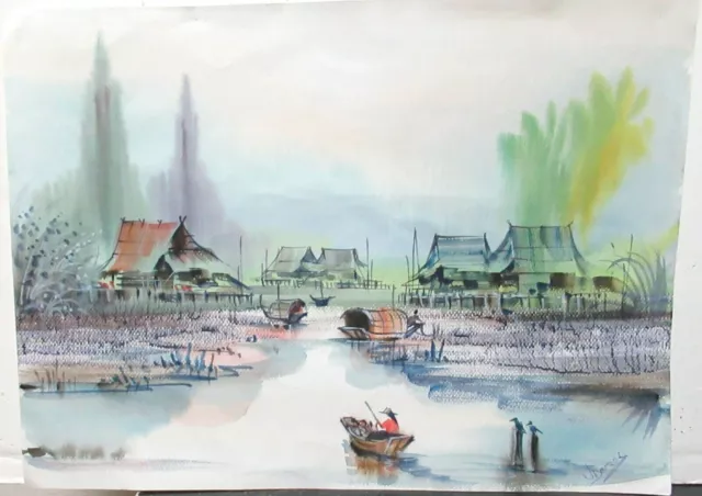 Udomraki Old Vietnam Fisherman Village Watercolor Landscape Painting