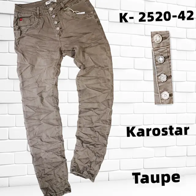 KAROSTAR Damen Jeans Hose Baggy Denim Knöpfen Jeans Taupe  38 40 42 44 46 48 NEU