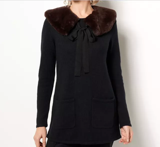 J Jason Wu Sweater Tunic with Removable Faux Fur Collar Black M A463086