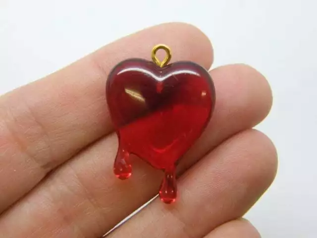 2 Dripping melting heart pendants red resin gold bail H328