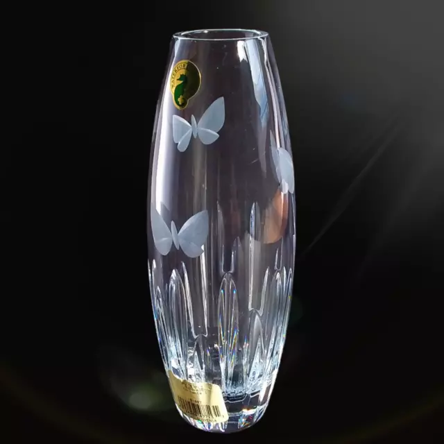 Waterford Crystal Butterfly Bud Vase Etched Signed 8in Original Sticker Slovenia
