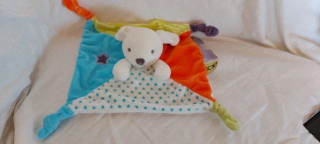 Doudou plat lapin bleu blanc vert orange étoiles OBAIBI Neuf