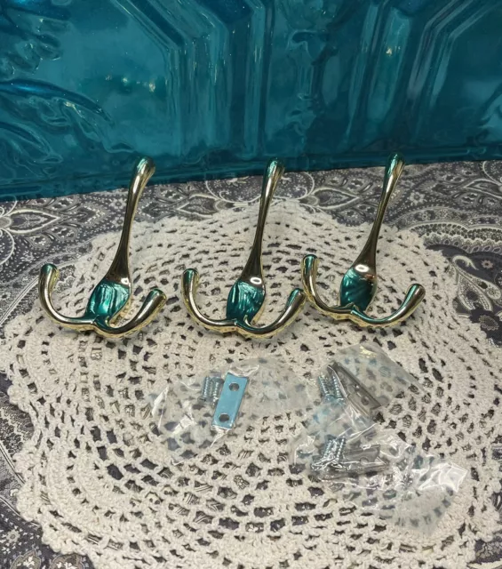 Vintage Brass Tone Metal Hooks Hidden Screws- Set Of 3