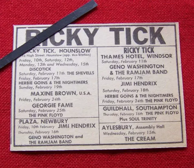 Pink Floyd  Ricky Tick Hounslow  Jimi Hendrix Widsor 1967 Vintage Gig Advert