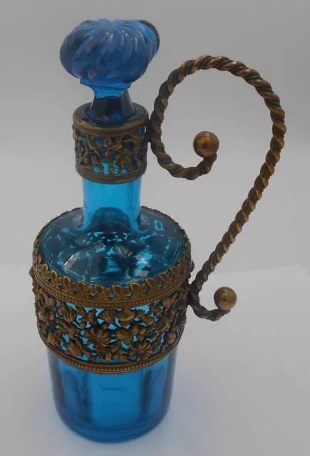 Charles X Carafe Liqueur En Verre Bleu Souffle Monture Floral Oiseaux