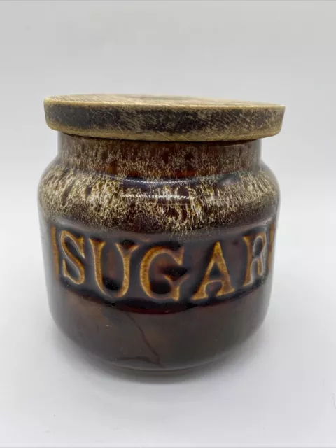 Attractive Vintage Style Treacle Glazed Ceramic Sugar Wooden Lidded Storage Jar