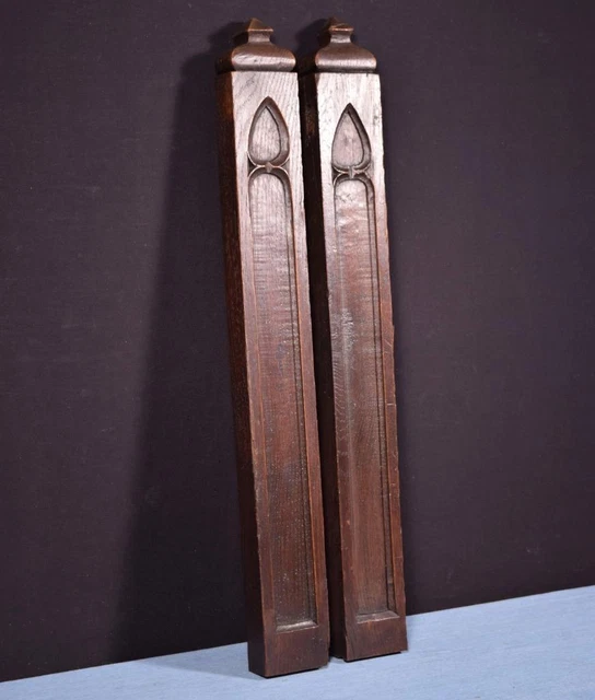 Pair of Antique Gothic Carved Architectural Trim Panels in Solid Oak Wood 3