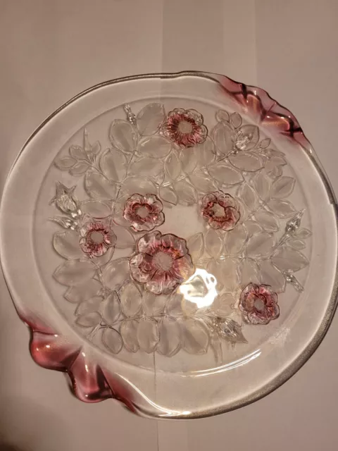 Large Cake Plate Mikasa Rosella Pink Rose Frosted Crystal Walther Glass - 13.5"