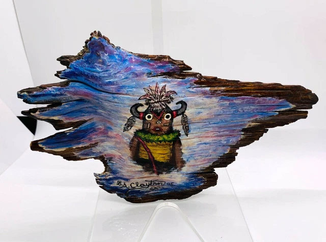 ~ G.a. Clayton 05 Native American Painting Painted On Wood Folk Art Hangable ~