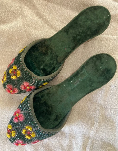 Great Antique Vintage Art Deco Philippines Beaded Slipper Shoes, Well Marked