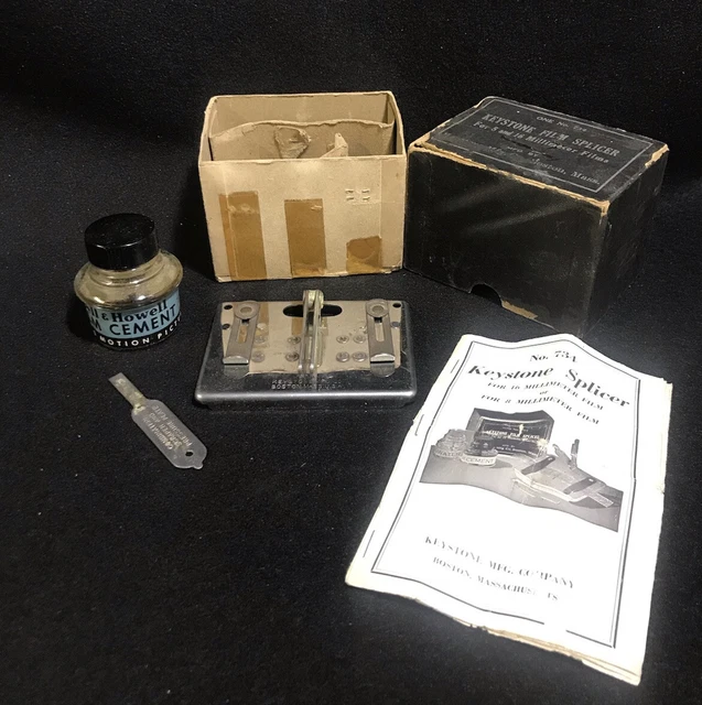 Empalme de película Keystone de colección, películas de 8 y 16 mm No. 734, Boston, MA, caja original, manual