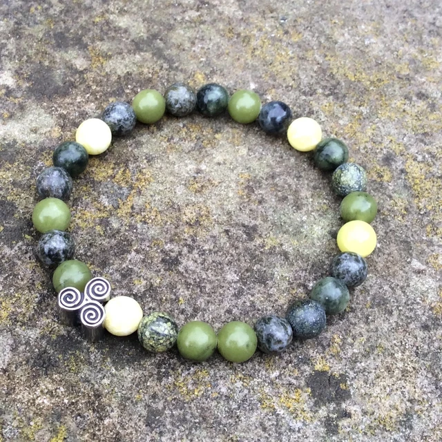 Connemara marble unisex bracelet Newgrange Celtic triple spiral bead. Irish