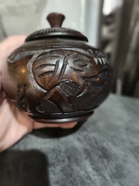Wooden Carved Trinket / Tobacco Pot with Lid Elephant Design African Vintage