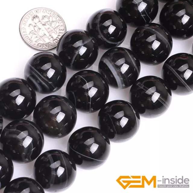 Natural Black Stripe Agate Onyx Gemstone Spacer Loose Round Beads Strand 15"