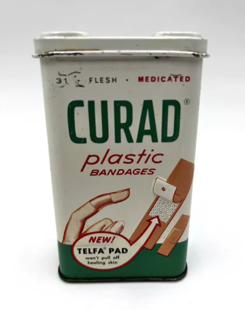 Vintage Curad Medicated Plastic Bandages Band Aid Tin Metal Box Container EMPTY