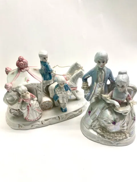 Vtg Porcelain Horse Carriage Victorian Couple Figurine Blue Pink White Gold Trim