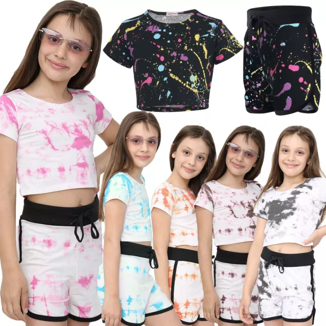 Kids Tie Dye Crop Top & Shorts Set Active Wear Summer Girls Boys Age 5-13 years