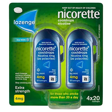 Nicorette Cooldrops Lozenge Icy Mint Extra Strength 4 x 20 Pack