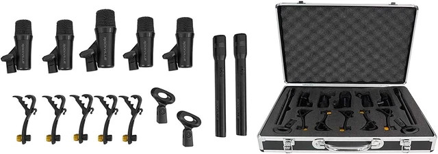 PRO-D7 7 Mic Drum Kit W/Bass+Snare+Condenser Overhead Microphones, Black