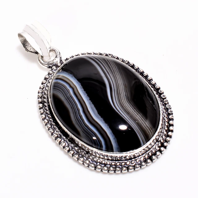 Black Botswana Agate Vintage Handmade 925 Sterling Silver Pendant 1.8" GSR-3862