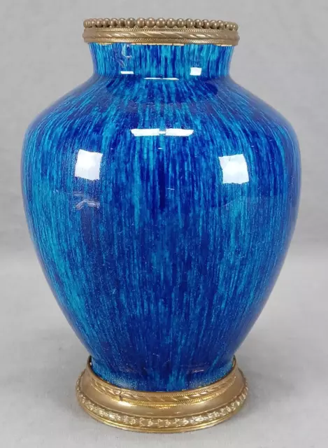 Boch Freres Belgium Blue Flambe Glaze & Gilt Ormolu Art Pottery Vase Circa 1920s