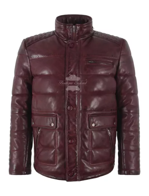 Men's Puffer Real Leather Jacket Oxblood Casual Sport Fully Quilted Style Jacket