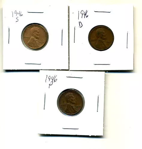 1946 P,D,S Wheat Pennies Lincoln Cents Circulated 2X2 Flips 3 Coin Pds Set#1660