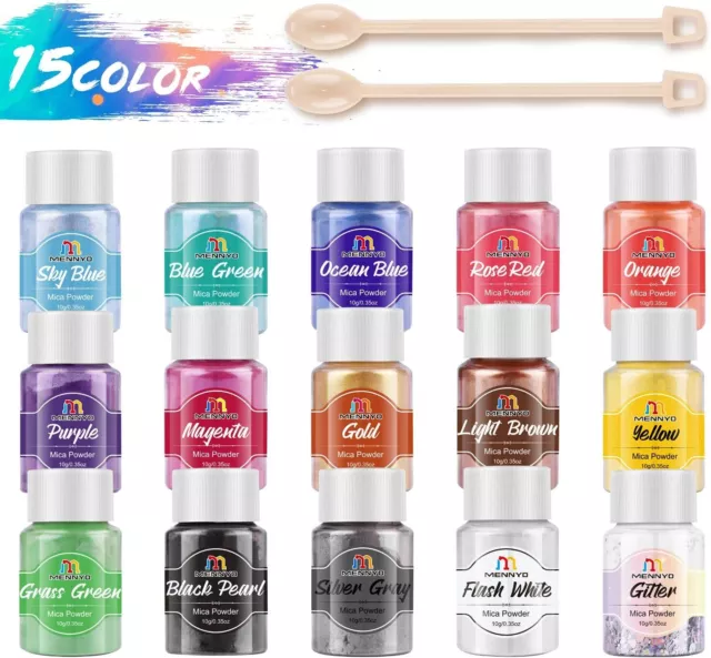15 Colour Set of Mica Powder Pigment, Cosmetic Grade Dye for Epoxy