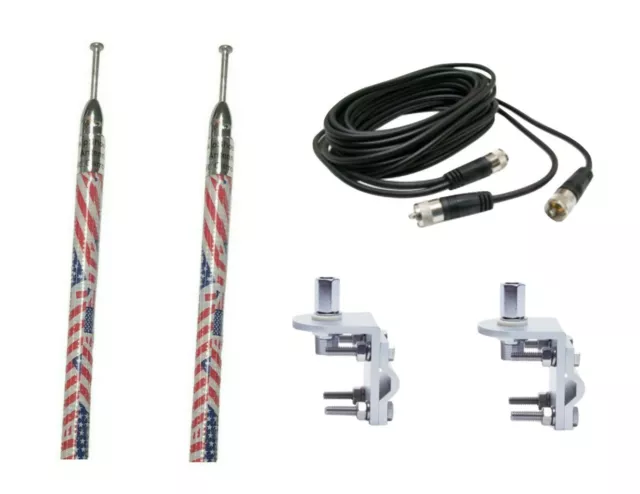 2 7FT USA FLAG SKIPSHOOTER CB HAM ANTENNAS, 18FT DUAL COAX w/ MIRROR MOUNTS