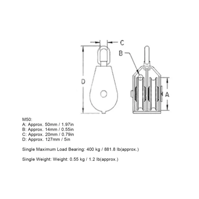 2x Lifting Double Pulley Block Roller M50 Wire Rope Crane Hanging 400KG Loading✈