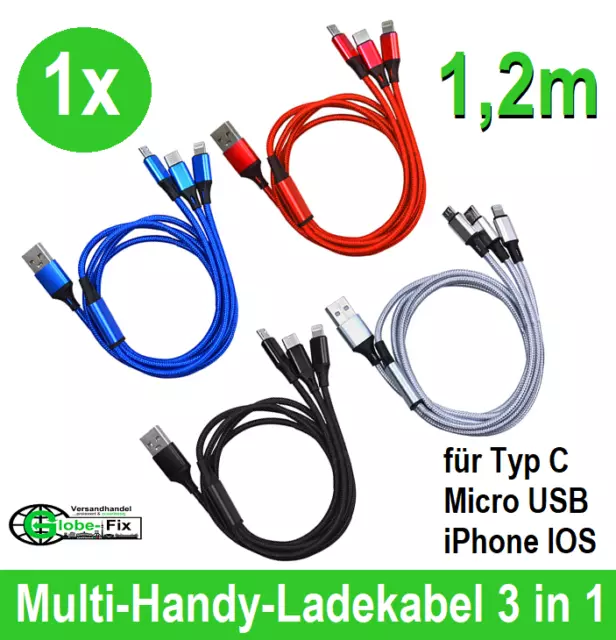 Ladekabel 3in1 für Typ C | Micro USB | iPhone IOS Handy Samsung Xiaomi OPPO NEU