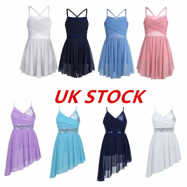 UK Girls Sequins Ballet Dance Dress Kid Lyrical Ballroom Skating Dress Dancewear