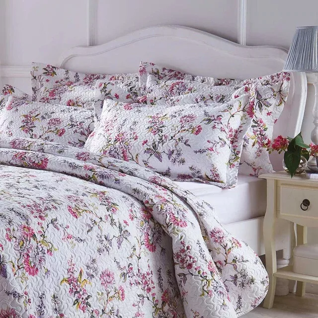 Quilted Bedspread Set Wild Flower Lilac Pink Printed Additional Shams Available