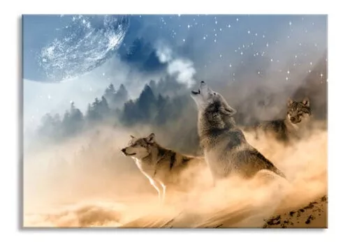 Lobos En el Desierto Heulen Luna Llena An Imagen De Vidrio Real, Incl. Soporte