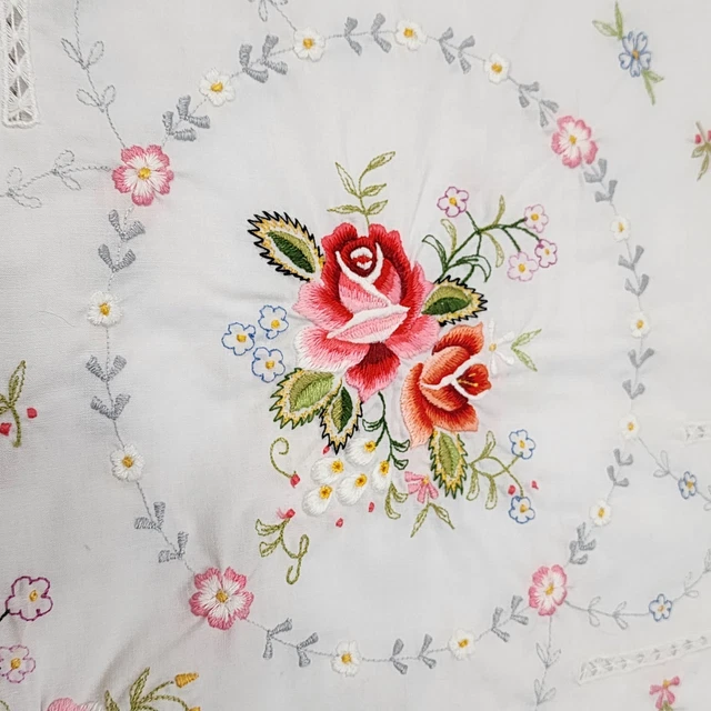 Vintage Embroidered Cotton Tablecloth Floral Roses 87" x 65"