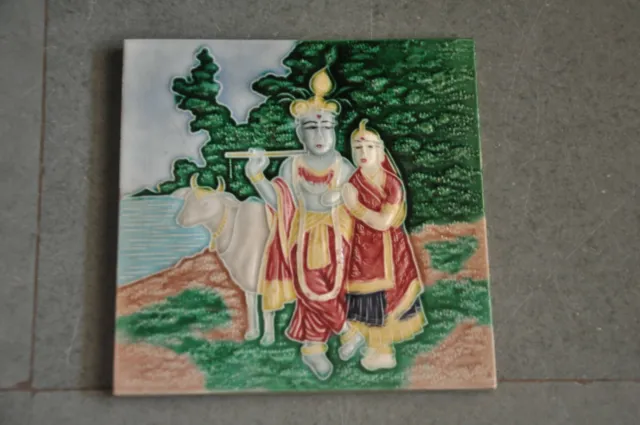 Vintage Lord Krishna & Radha Figurine Colorful Ceramic Tile, Japan?