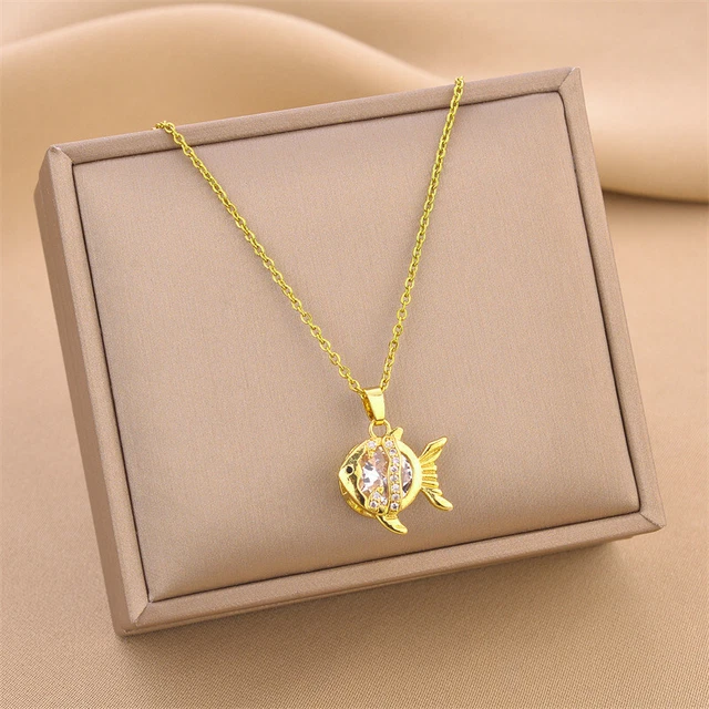 Cute Fish Titanium Steel Inlay Rhinestones Necklace