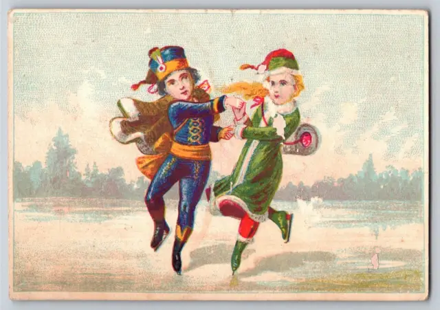 Diefenderfer's Victorian Trade Card Couple in Fancy Dress Ice Skating on Pond
